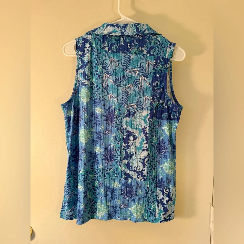 Cathy Daniels Blue & Teal Floral Patchwork Collared Sleeveless Top - Picture 3 of 12